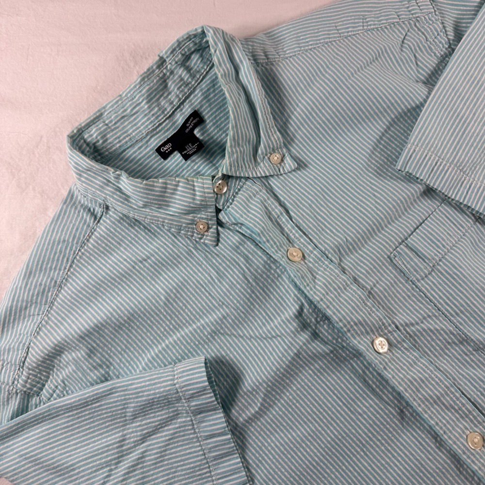 Gap Men's Size L Atlantis Blue Seersucker Slim Fit Striped Button Down Shirt